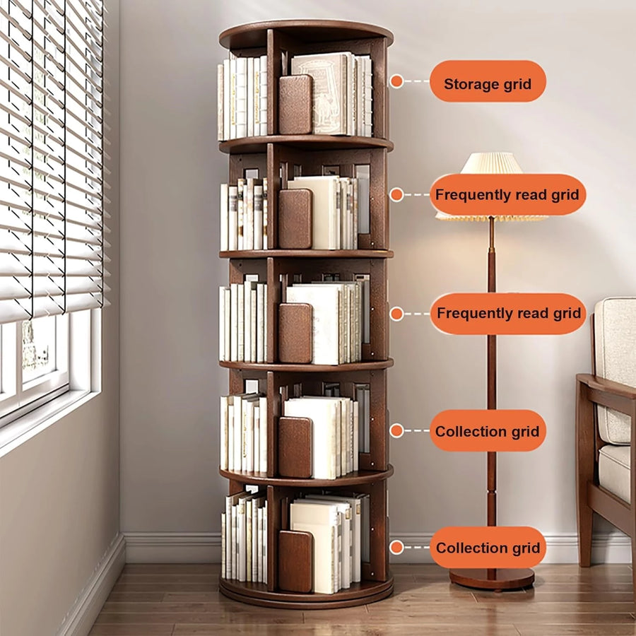 Solid Wood Rotating Bookshelf,Round Rotating Bookcase 360 Display,Floor Standing Bookcase for Kids & Adults,Corner Bookshelf