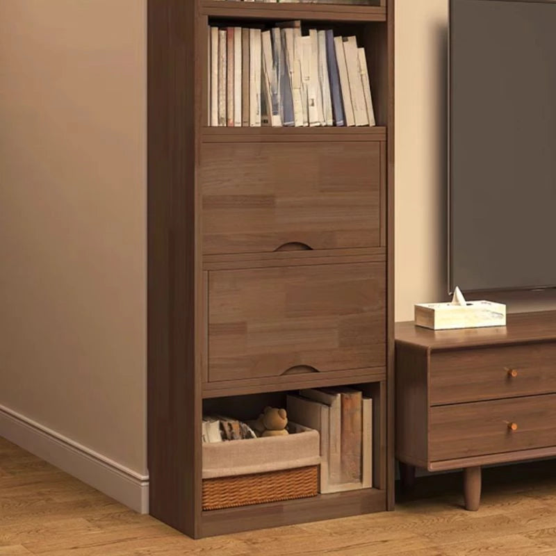 2 Doors Rubberwood Solids Multi-Functional Bookshelf, Retractable Design Solid Wood Bookcase, with 4-Tier, Wood Color, 43