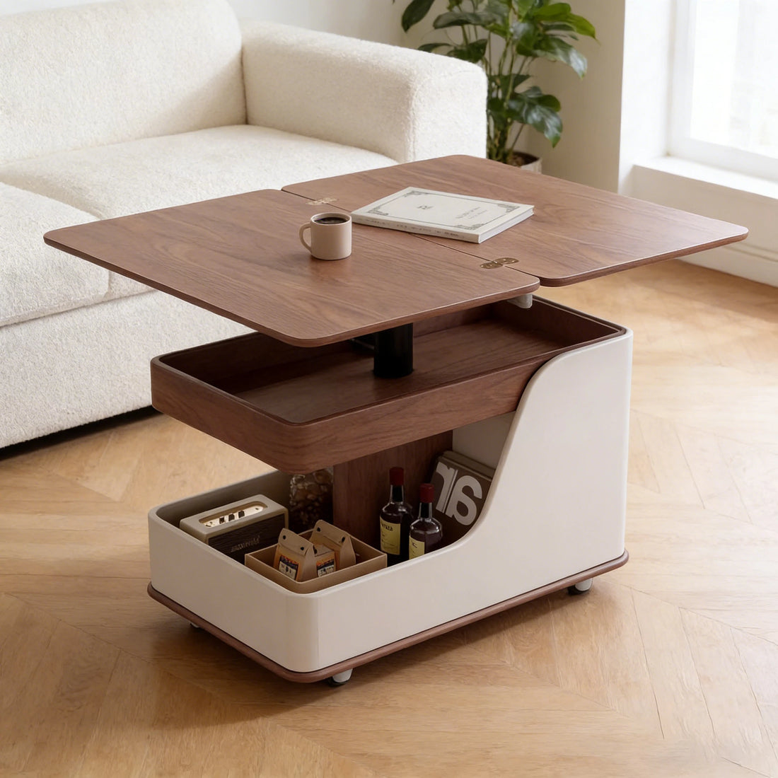 Mobile Adjustable Height Side Table with Sintered Stone Top, Modern Coffee Table for Living Room