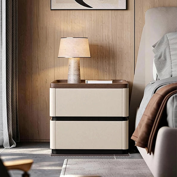 Modern 2-Drawer Nightstand with Hidden Handles & Silent Slides, Faux Leather Wrapped Wooden Bedside Table