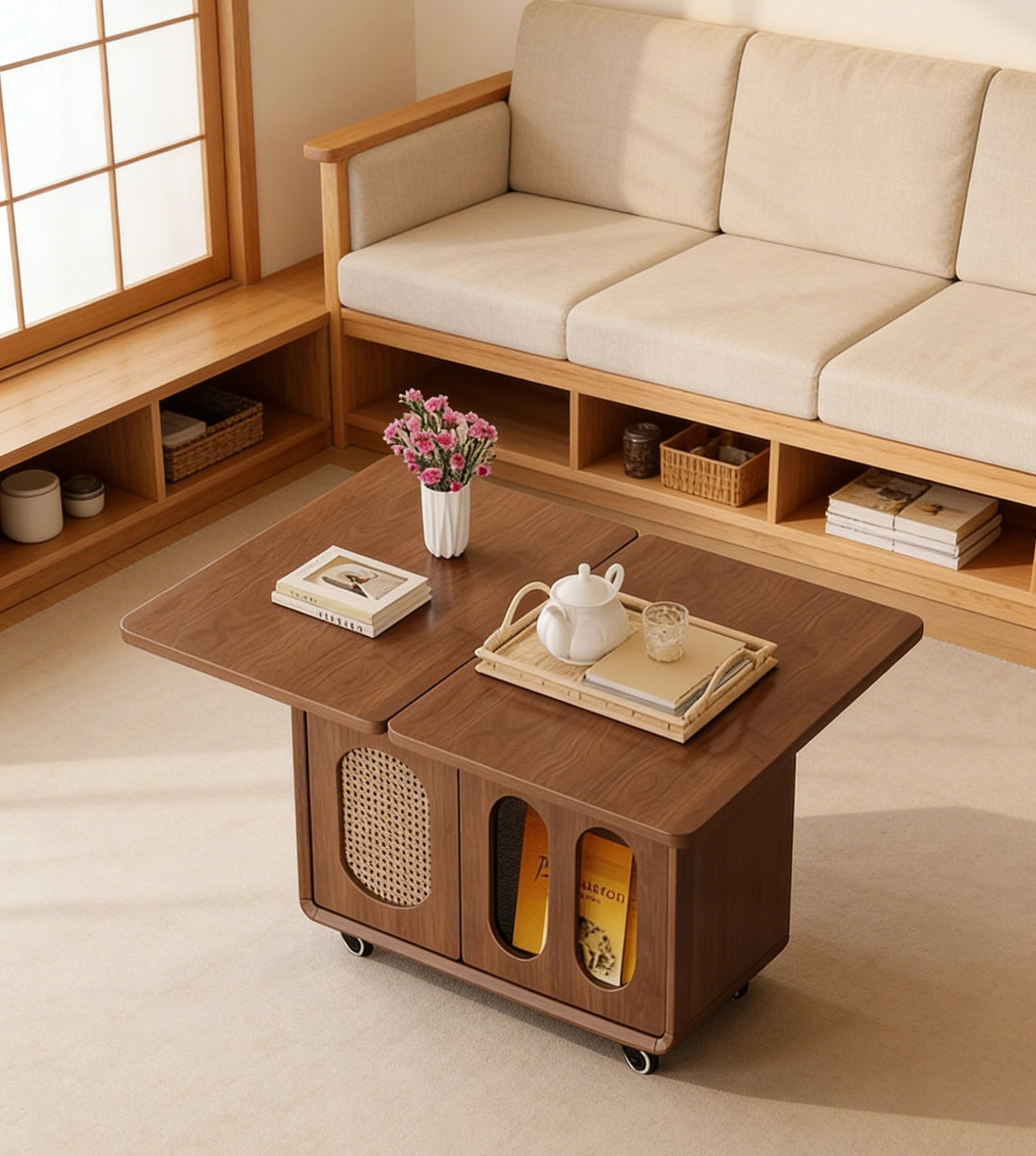 Adjustable Solid Wood Side Table with Wheels Rolling Sofa Table for Living Room