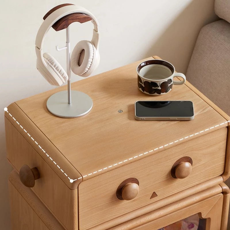 1 Shelf Timber Kids Nightstand with Built-in Outlet, Robot Night Side Table Lights, Cabinets, Cupboard, Compartment, Wood Color