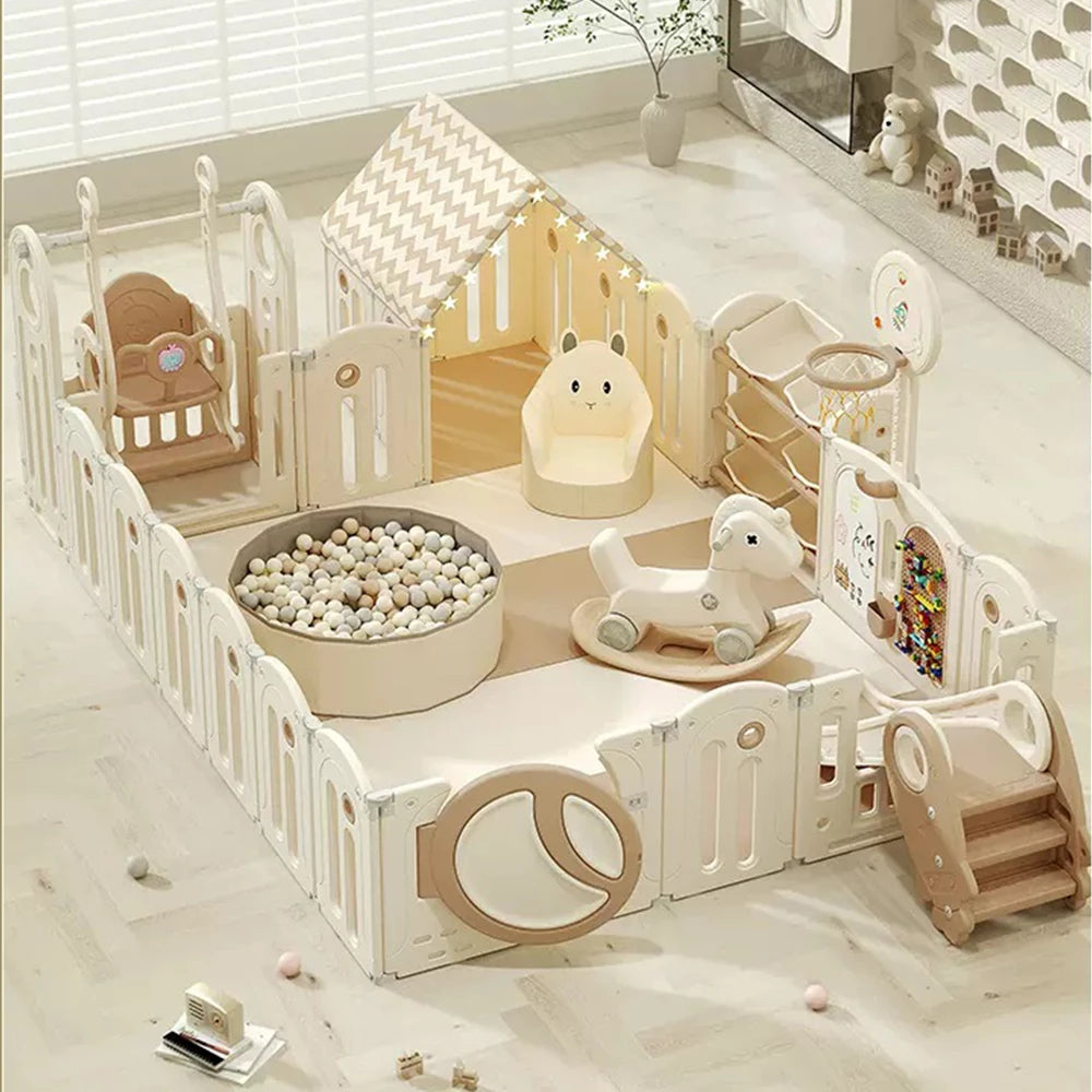 Foldable Infant Play Yard with House Baby Playpen and Matching Toys | Star-Moon
