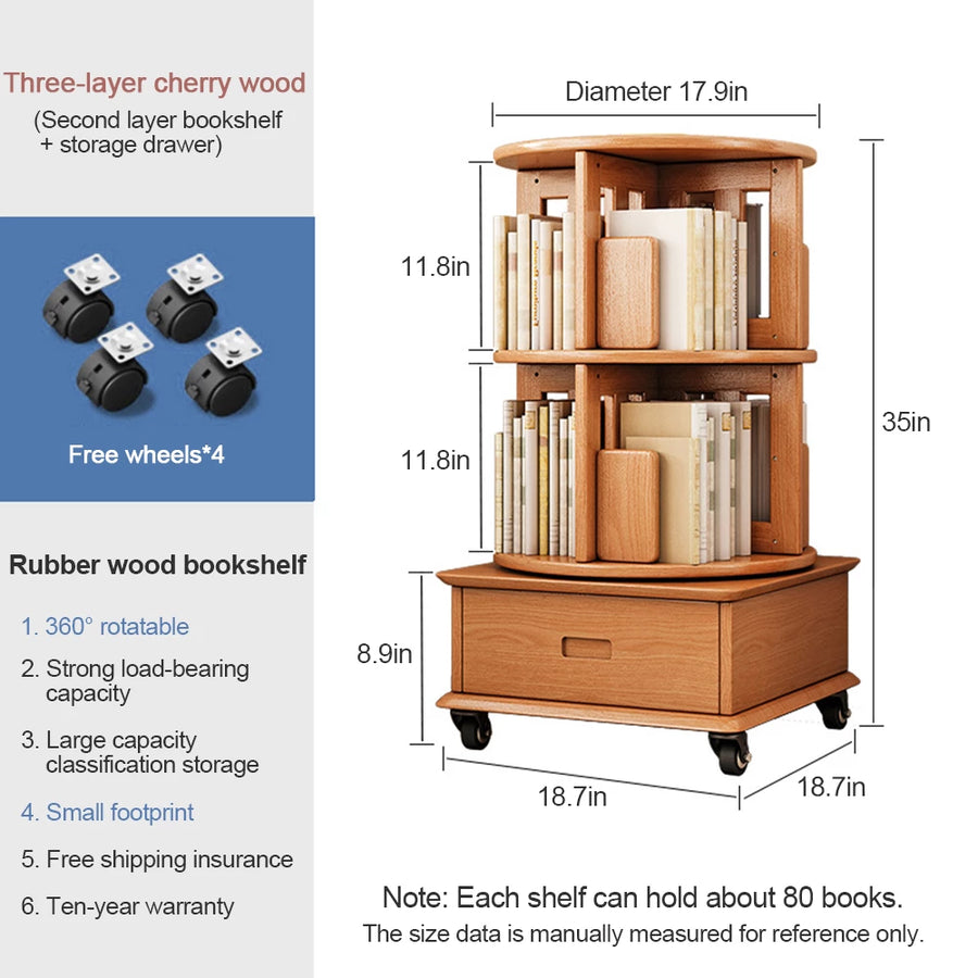 2-3 Tier Bookshelf Bookcase with a Drawer Bedside Spin Rotating Bookshelf with Wheels Book Storage Organizer for Bedroom Living Room Home Decoration Tool