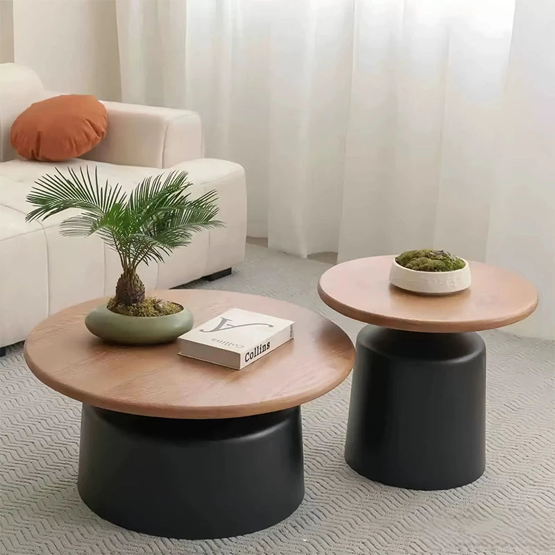 50+70cm Cream & Wood Round Coffee Table – Modern Pedestal Cocktail Table with Carbon Steel Base, Nordic Minimalist Center Table for Living Room