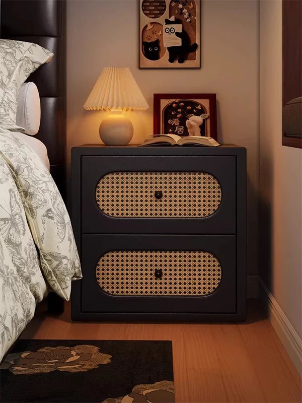 Mid-Century Modern Solid Wood Nightstand (with Natural Rattan Drawers)