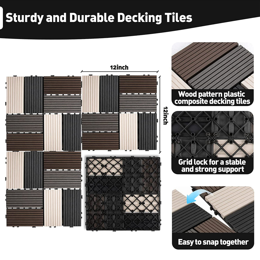 12''x12'' Composite Deck Tiles -Dark Brown Oak Wood Pattern (Pack of 10)