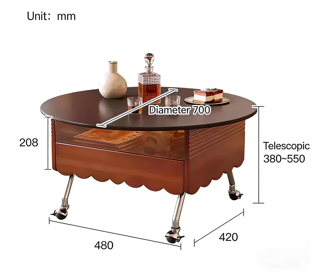 Round Lift Top Coffee Table with Storage and Wheels, Adjustable Height Solid Wood Living Room Table