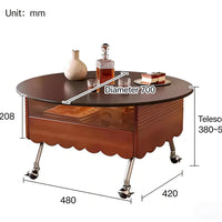 Round Lift Top Coffee Table with Storage and Wheels, Adjustable Height Solid Wood Living Room Table