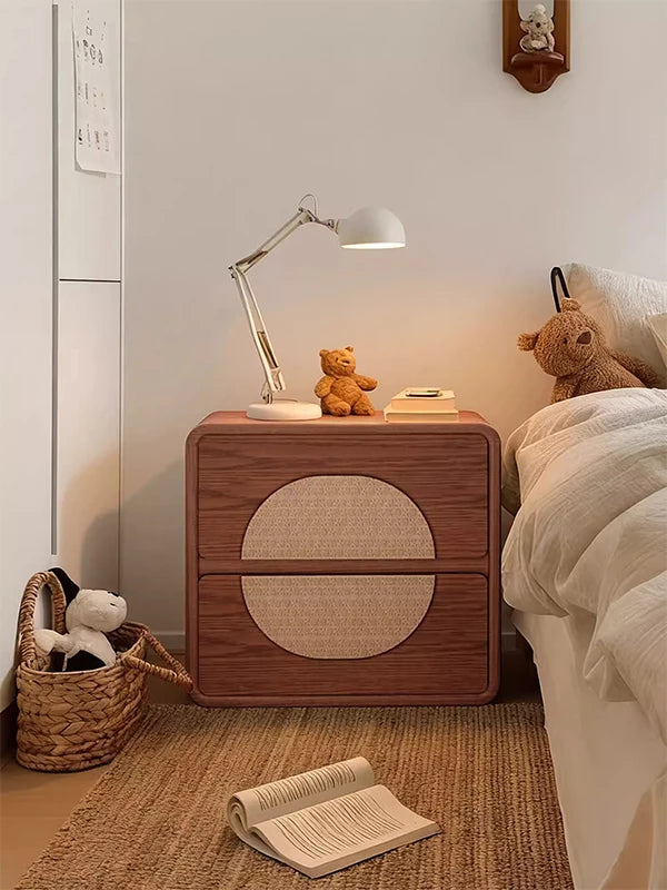 Mid-Century Style Solid Wood & Rattan Nightstand with 2 Drawers