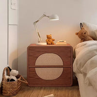 Mid-Century Style Solid Wood & Rattan Nightstand with 2 Drawers