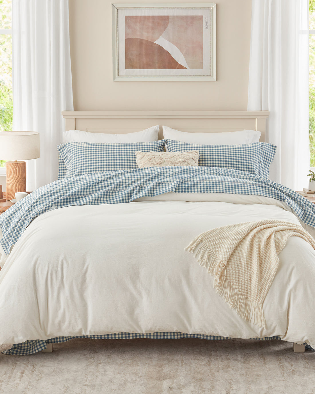 100% Washed Cotton Gingham Bed Sheet Set