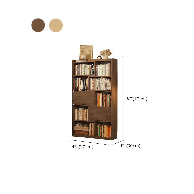 2 Doors Rubberwood Solids Multi-Functional Bookshelf, Retractable Design Solid Wood Bookcase, with 4-Tier, Wood Color, 43
