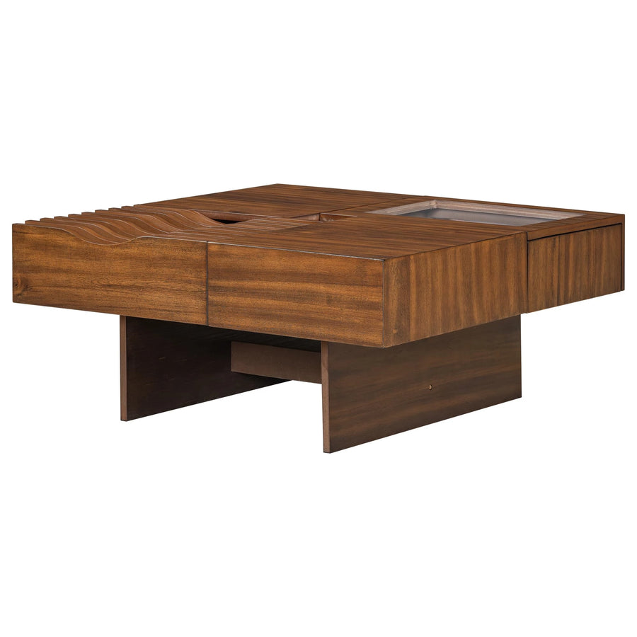 Mid Century Modern Coffee Table, Wooden Center Table with 3 Drawers Tempered Glass and Solid Wood Legs for Living Room, Brown