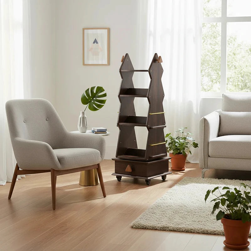 Kids Rotating Bookshelf, Wooden Mobile Children’s Book Rack, Floor Standing 360° Spin Bookcase with Wheels, Montessori Storage Organizer for Nursery, Bedroom & Playroom