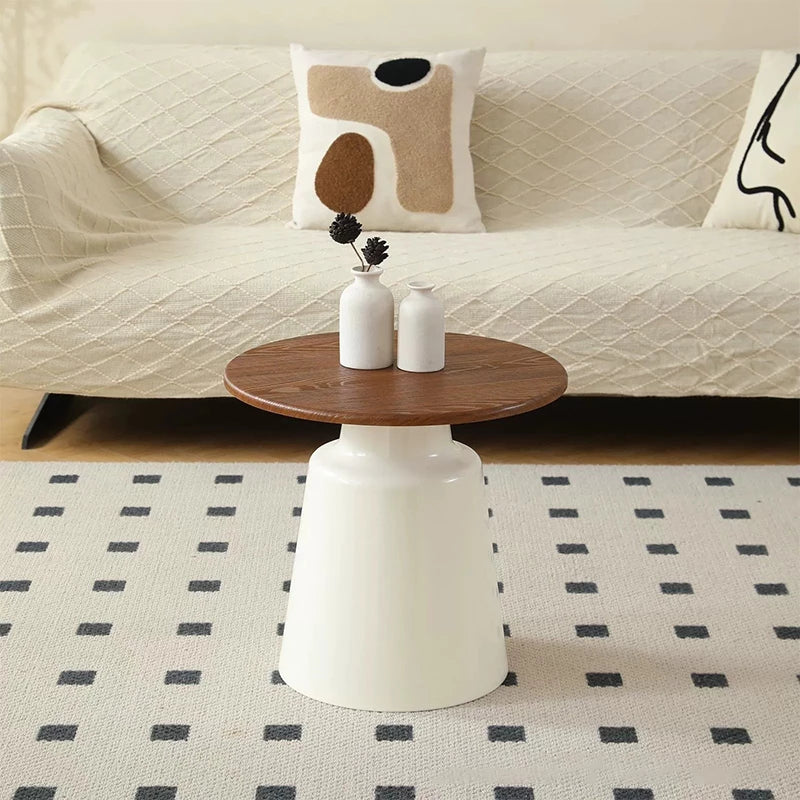 50+70cm Cream & Wood Round Coffee Table – Modern Pedestal Cocktail Table with Carbon Steel Base, Nordic Minimalist Center Table for Living Room