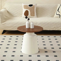 50+70cm Cream & Wood Round Coffee Table – Modern Pedestal Cocktail Table with Carbon Steel Base, Nordic Minimalist Center Table for Living Room