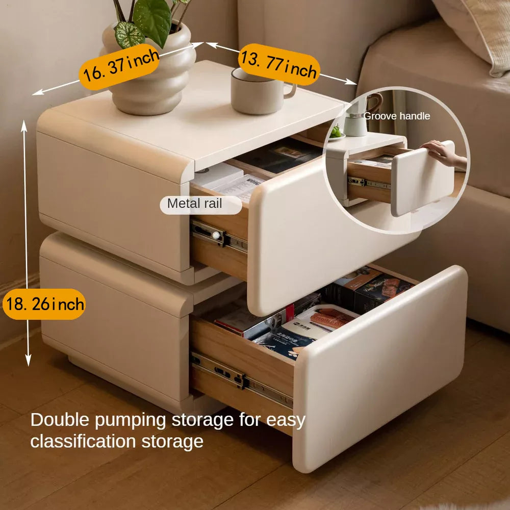 Rotating Solid Wood Nightstand - Cream Finish Bedside Cabinet with Drawers, White Storage Side Table for living Room and Bedroom