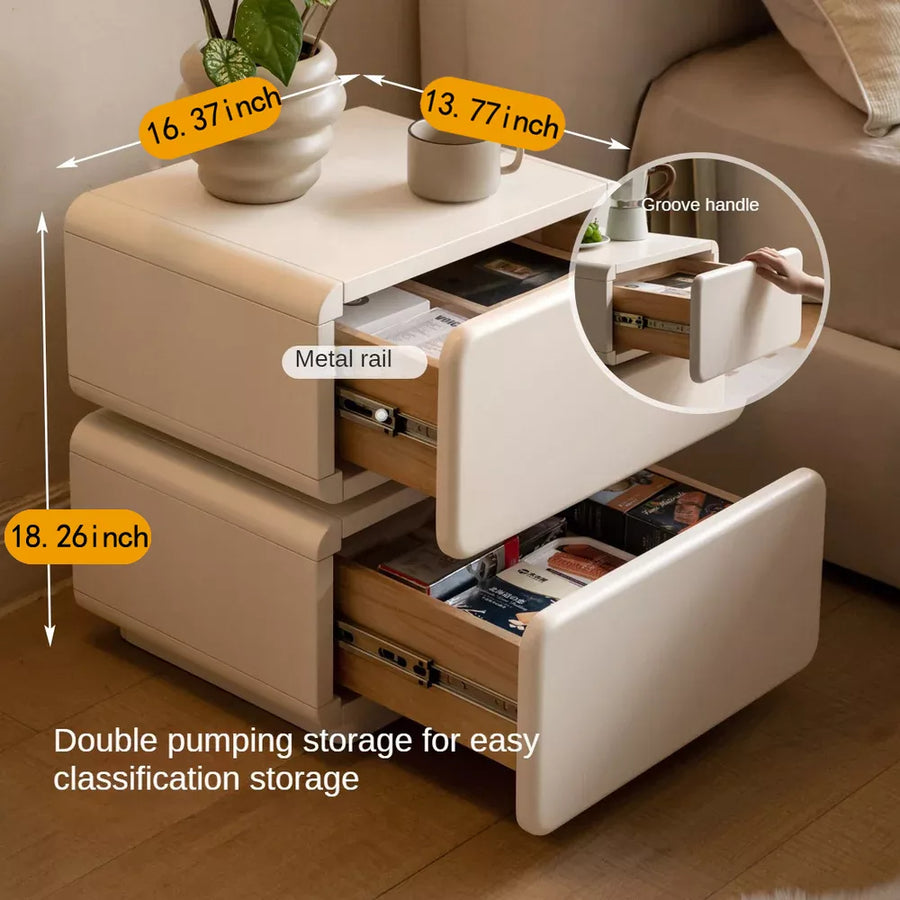 Rotating Solid Wood Nightstand - Cream Finish Bedside Cabinet with Drawers, White Storage Side Table for living Room and Bedroom