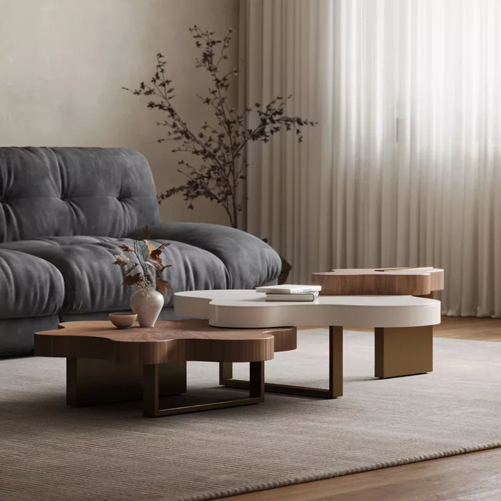 norr11 gear Modern Irregular Shape Coffee Table Set - 3-Piece Walnut Veneer Combination Table with Eco-Friendly Wood & Stainless Steel Supports