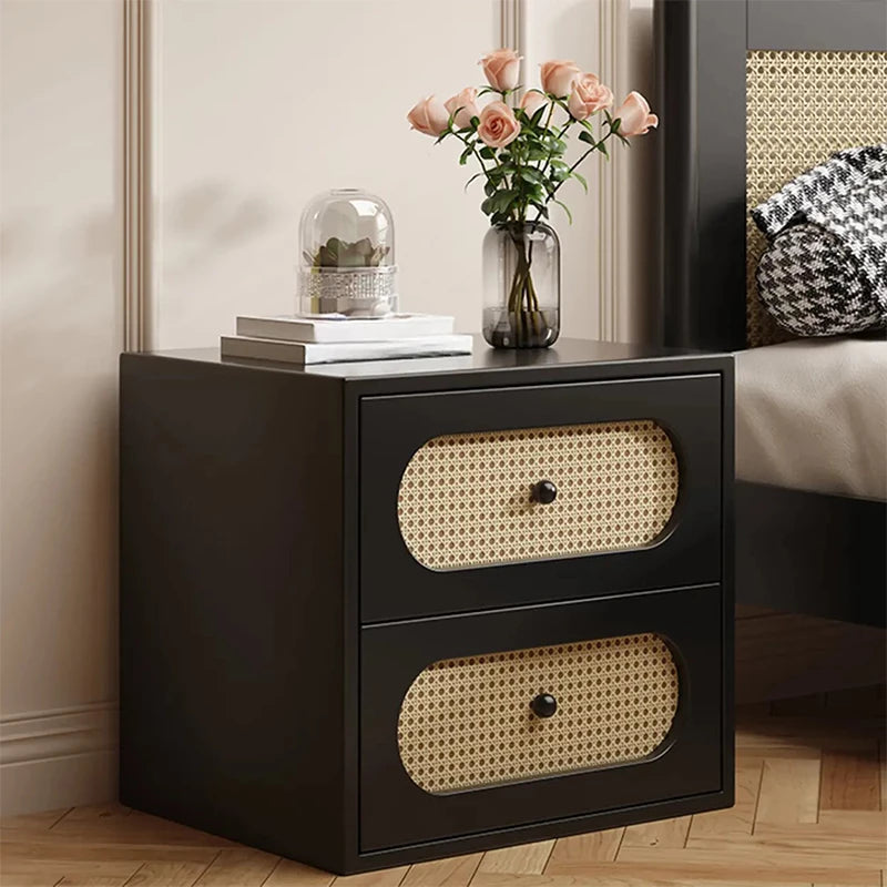 Mid-Century Modern Solid Wood Nightstand (with Natural Rattan Drawers)
