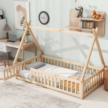 Twin Tent-shaped Floor Bed, with Guardrails, Slats, Door ,Natural