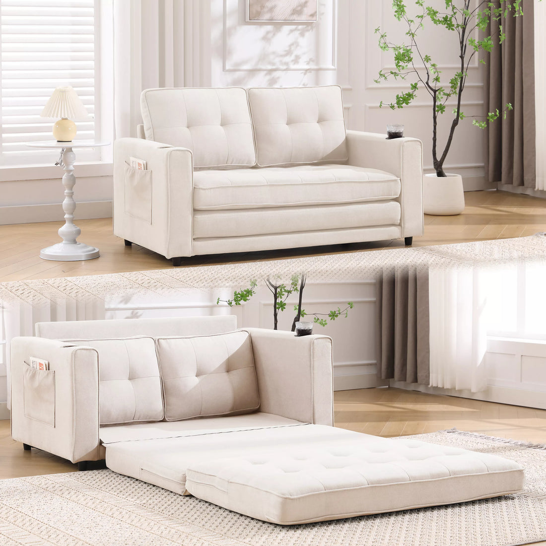Folding Futon Sleeper Sofa with Pull Out Couch Bed,Modern Velvet Loveseat Sleeper Convertible to Full Size Floor Couches Bed for Living Room Bedroom Small Space