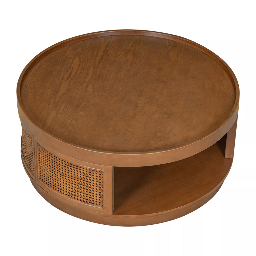 36.8'' Round Coffee Table, Modern Wooden Center Tables with PE Rattan Side, Mid-Century Retro Farmhouse Style Circle 2-Tier for Living Room,Bedroom
