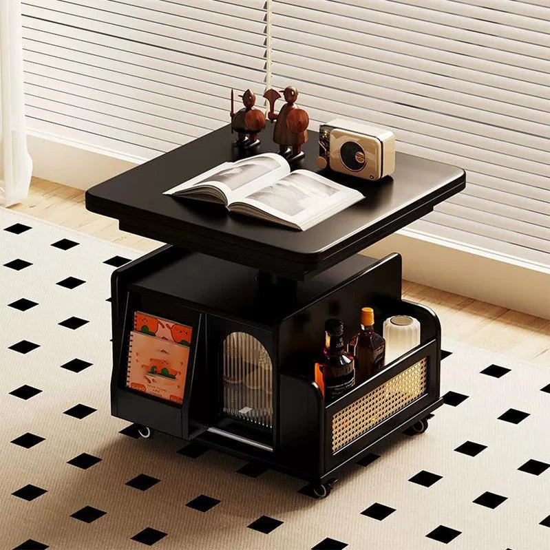 Mid-Century Modern Solid Wood Extendable Coffee Table with Adjustable Height, Wheels, and 2 Storage Compartments, Multifunctional Lift Top Table for Living Room or Dining