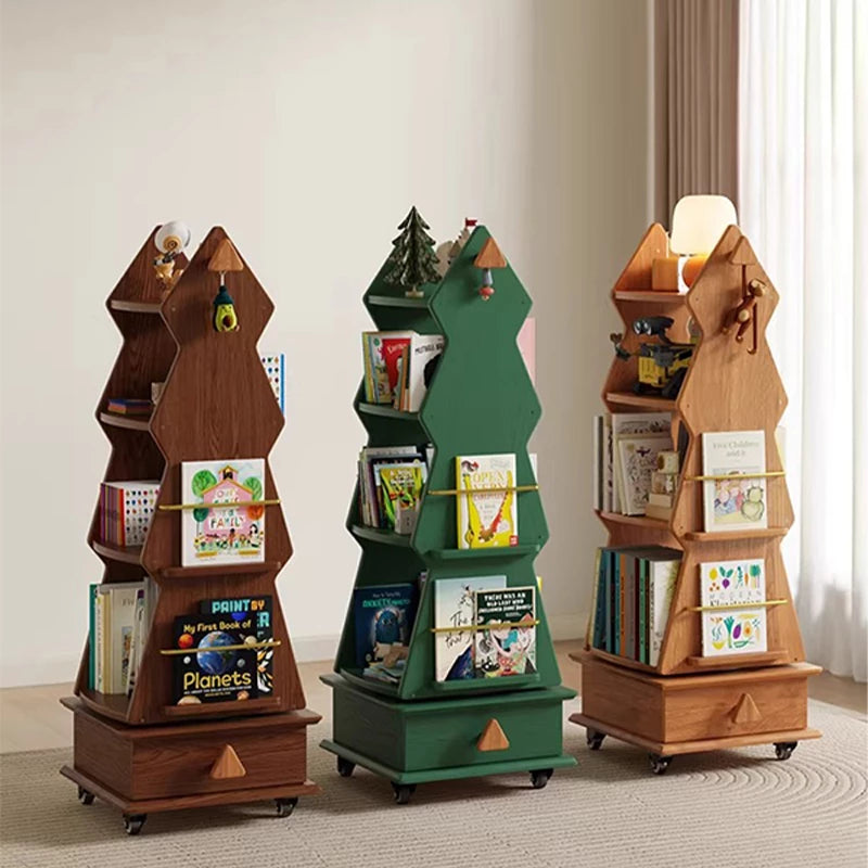 Kids Rotating Bookshelf, Wooden Mobile Children’s Book Rack, Floor Standing 360° Spin Bookcase with Wheels, Montessori Storage Organizer for Nursery, Bedroom & Playroom