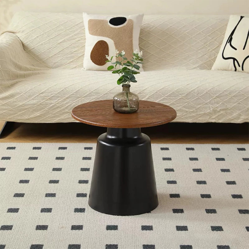 50+70cm Cream & Wood Round Coffee Table – Modern Pedestal Cocktail Table with Carbon Steel Base, Nordic Minimalist Center Table for Living Room