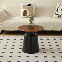 50+70cm Cream & Wood Round Coffee Table – Modern Pedestal Cocktail Table with Carbon Steel Base, Nordic Minimalist Center Table for Living Room