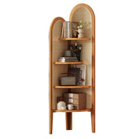 Retro Solid Wood & Rattan Multi-Tier Corner Bookshelf