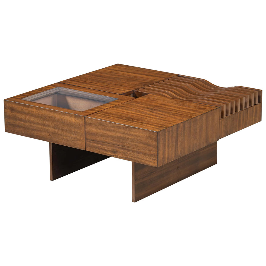 Mid Century Modern Coffee Table, Wooden Center Table with 3 Drawers Tempered Glass and Solid Wood Legs for Living Room, Brown