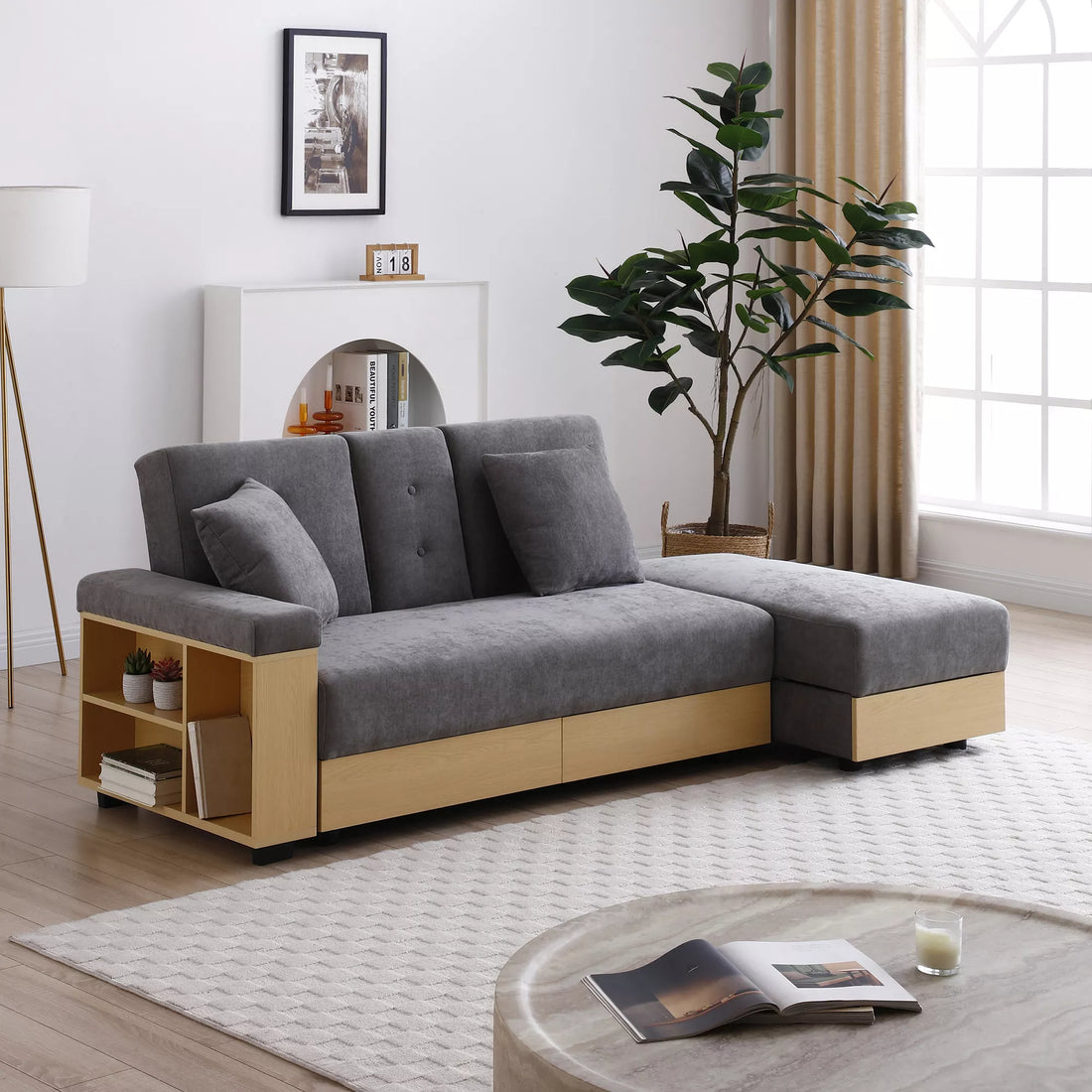 Convertible Sleeper Sofa Couch, Multifunctional Double Folding Sofa Bed,Storage Ottoman and Sofa arm with box and drawer