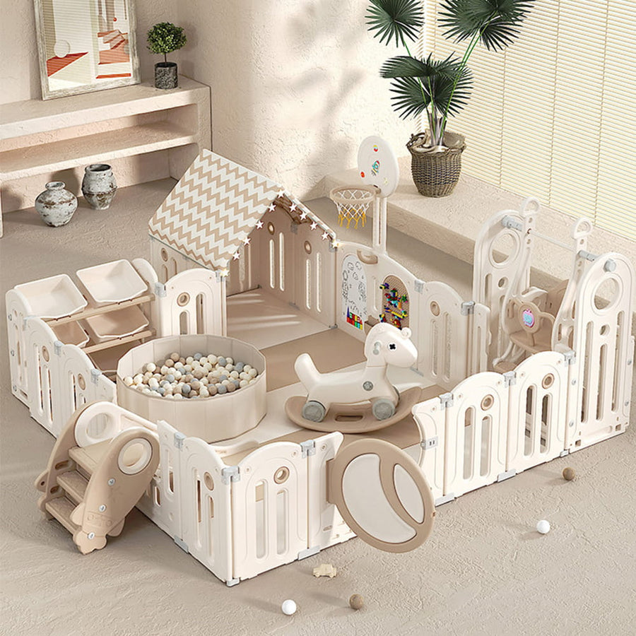 Foldable Infant Play Yard with House Baby Playpen and Matching Toys | Star-Moon
