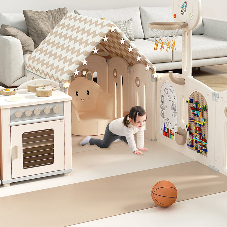 Foldable Infant Play Yard with House Baby Playpen and Matching Toys | Star-Moon