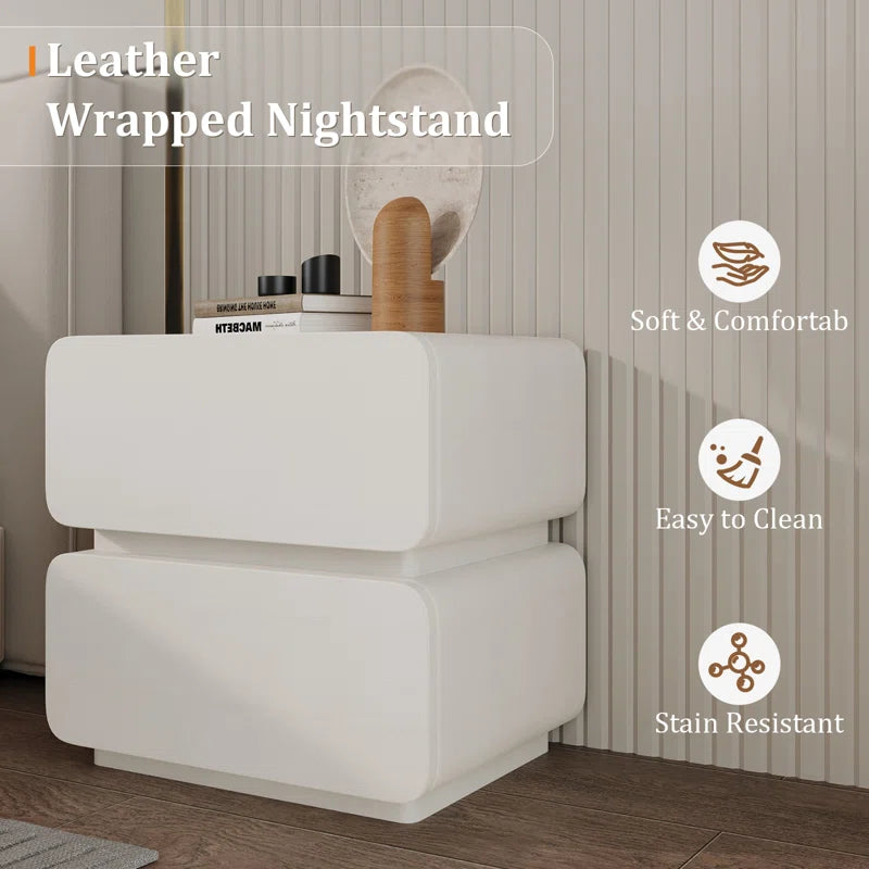 Leather Bedside Table, Modern Minimalist Bedside Table，Nightstand with 2 Drawers, Wood Bedside Table, Bedroom Bedside Table