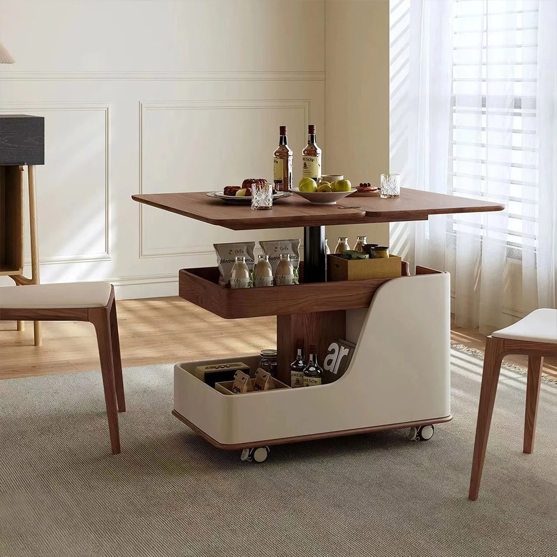 Mobile Adjustable Height Side Table with Sintered Stone Top, Modern Coffee Table for Living Room