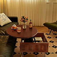 Round Lift Top Coffee Table with Storage and Wheels, Adjustable Height Solid Wood Living Room Table