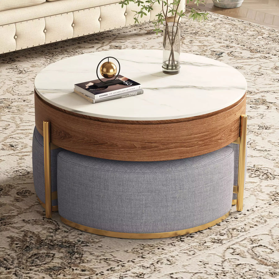 Lift-Top Extendable Frame Coffee Table With 3 Stools