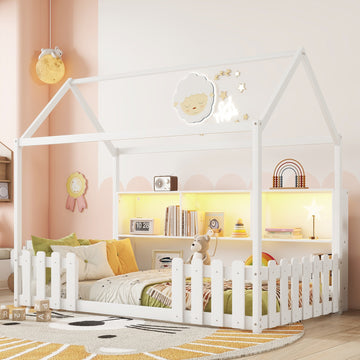 Twin Size House Bed with LED Light, Wood House Bed with Storage Bookshelf, Floor House Bed with Guardrails for Kids, White