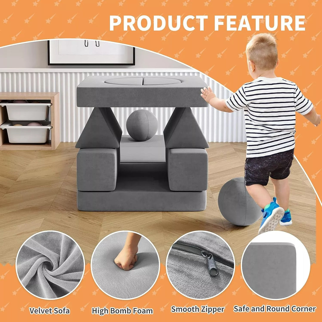 12Pcs Kids Couch, Toddler Couch with 2 Balls and Tunnel, Modular Kids Play Couch for Playroom, Fold Out Kids Sofa Couch for Kickball, Pitching Game, Creative Gameplay Sofa for Kids, Gray