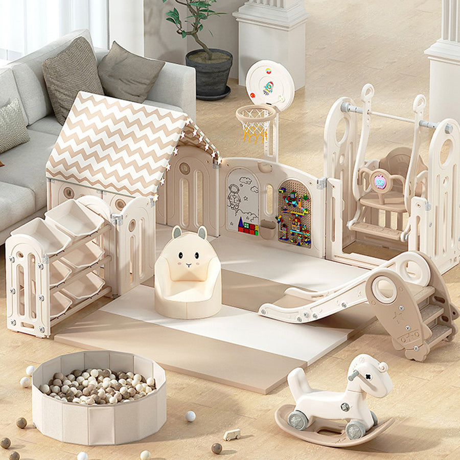 Foldable Infant Play Yard with House Baby Playpen and Matching Toys | Star-Moon