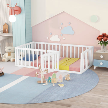 Twin Size Wood Floor Bed Frame with Fence and Door, White, not included Mattress