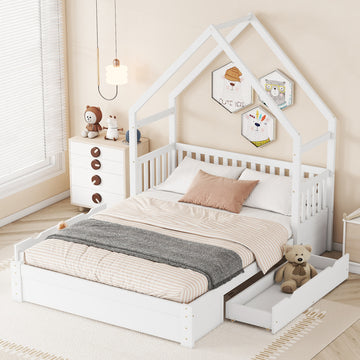 Wood Queen Size House Platform Bed with Guardrail and 2 Drawers, White, No mattress
