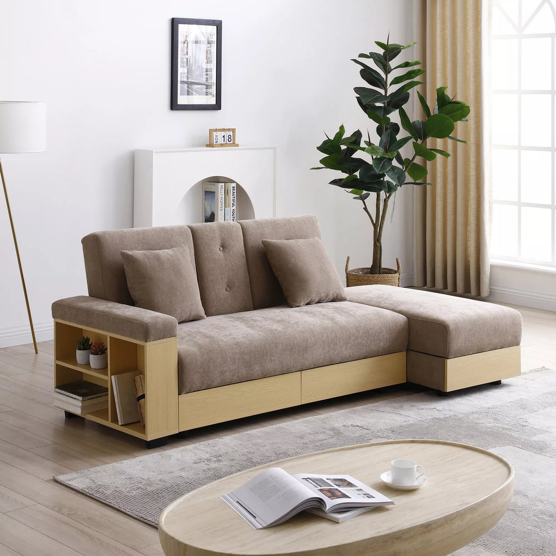 Convertible Sleeper Sofa Couch, Multifunctional Double Folding Sofa Bed,Storage Ottoman and Sofa arm with box and drawer