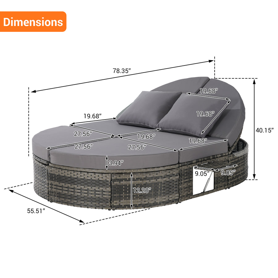 Outdoor Patio Round Daybed, Sun Bed with Adjustable Backrests and Foldable Cup Trays, Reclining Outdoor Lounger Wicker Rattan Patio Daybed with Cushions and Pillows for Backyard Poolside