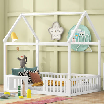 Full Size Wood House Bed with Fence and Door, White