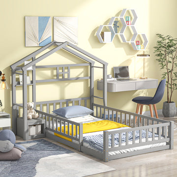 Twin Size House Shape Headboard Floor Bed with Guardrails, Slats Support, Nightstand ,Gray